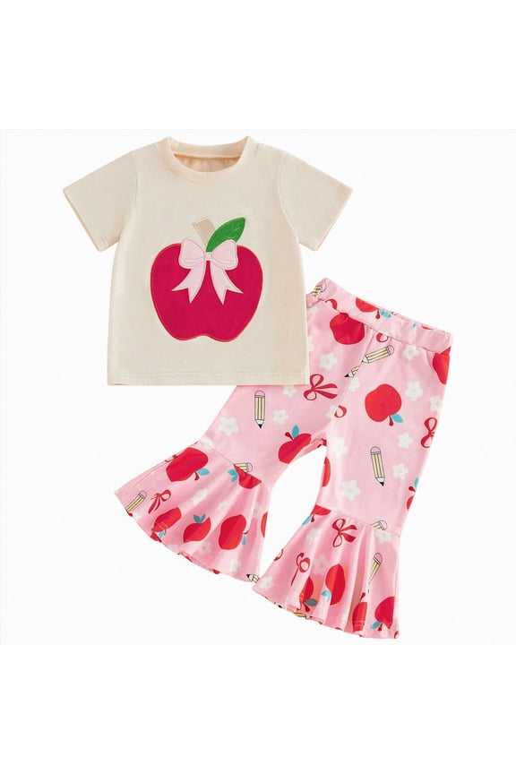 Toddler Baby Girl Back to School Outfit First Day of School Shirt T-shirt Apple/Pencil Flared Pants Pre Outfit(Pink,18-24 Months)