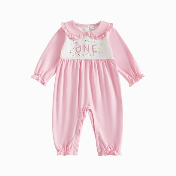 mgoYE Toddler Baby Girl Boy Birthday Outfit One Embroidery Jumpsuit Long Sleeve Peter Pan Collar Romper 1st Birthday Cake Smash Outfit