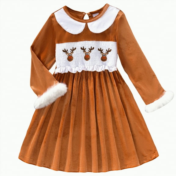 mgoYE Toddler Baby Girl Christmas Outfit Embroidery Long Sleeve Dress Smocked Bubble Clothes(Brown,4-5 Years)