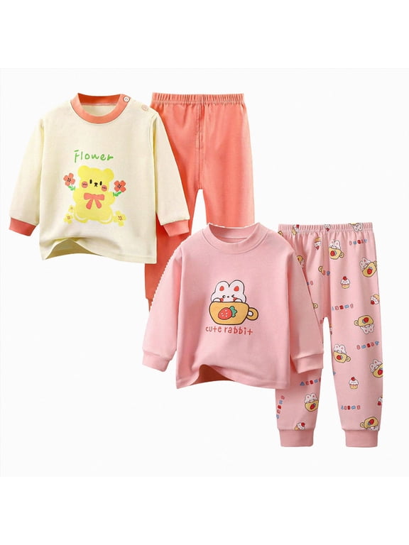 Toddler Baby Girl Clothes 3 6 12 18 Months 1T 2T 3T 4T 5T Girls Fall Winter Outfits Cartoon Print Tee + Pants 4 Pieces Fall Pants Set Size 6-12 Months