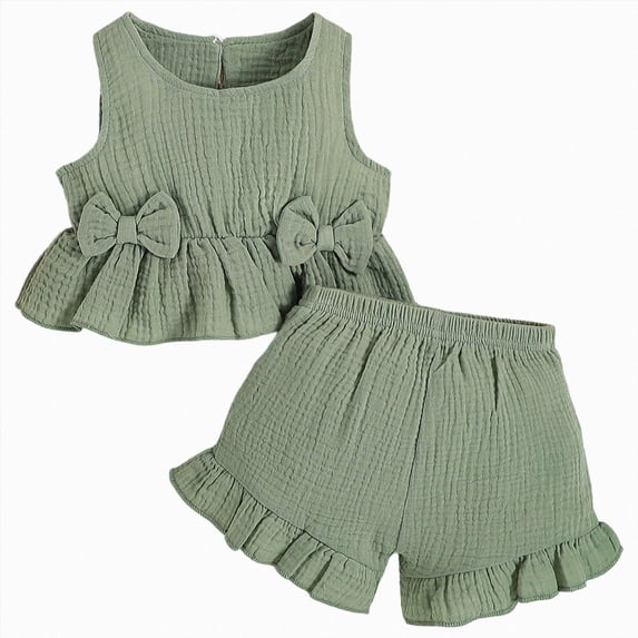 mgoYE Toddler Baby Girl Clothes Cute Outfits Girls Linen Bow Tank Tops Ruffled Shorts Set Spring Summer Clothes for Kids