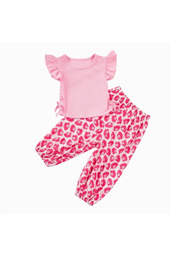 Toddler Baby Girl Clothes Short Sleeve Ruffle Shirt Floral Pant Set 2 Piece Outfits for Girls Cute Clothing Set(Red,1-2 Years)