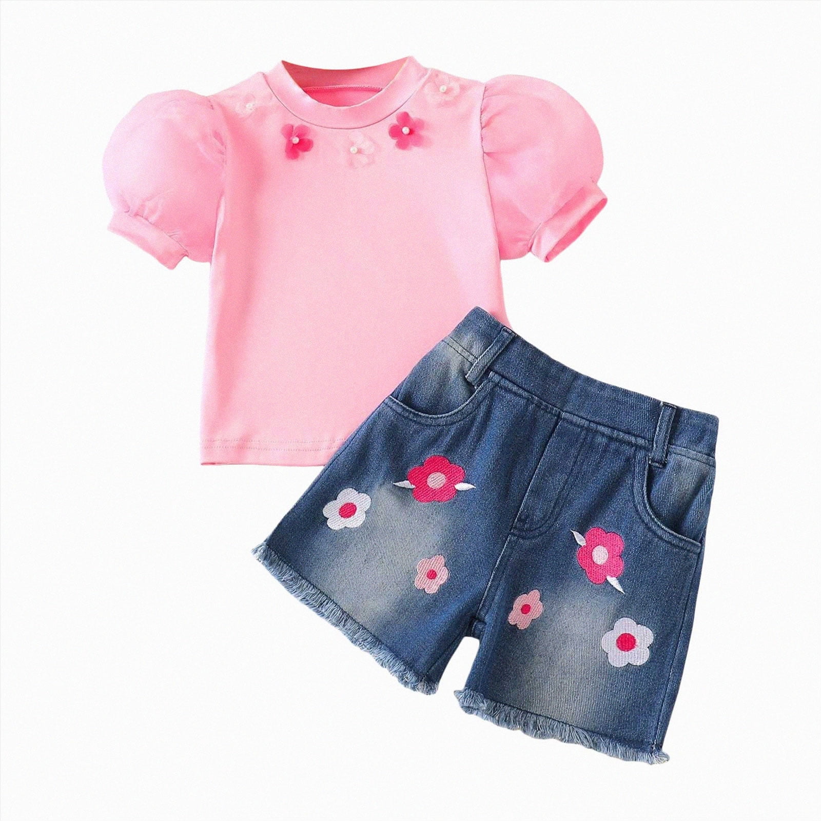 mgoYE Toddler Baby Girl Clothes Summer Floral Print Short Sleeve Tee Shirt Jeans Shorts Cute Outfit Girls Clothing Set Size 2-3 Years Pink