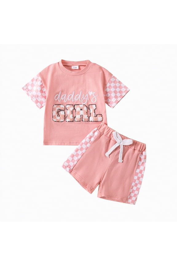 Toddler Baby Girl Clothes Summer Outfit Plaid Patchwork Short Sleeve T Shirt Tops and Stretch Casual Shorts Set(Red,3-6 Months)
