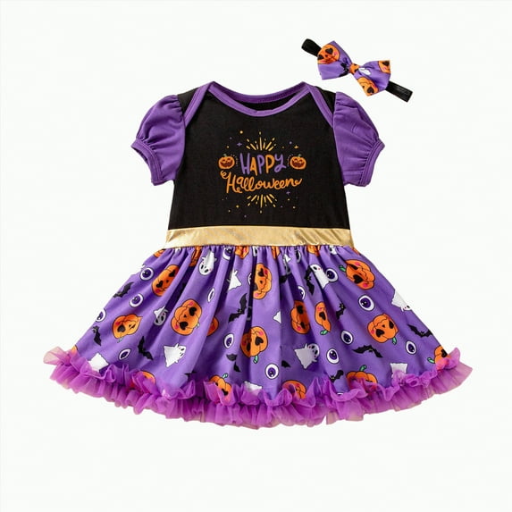 mgoYE Toddler Baby Girl Halloween Clothes 3 Months Long Sleeve Pumpkin Tulle Dress Fall Outfit(Light Purple,6-9 Months)
