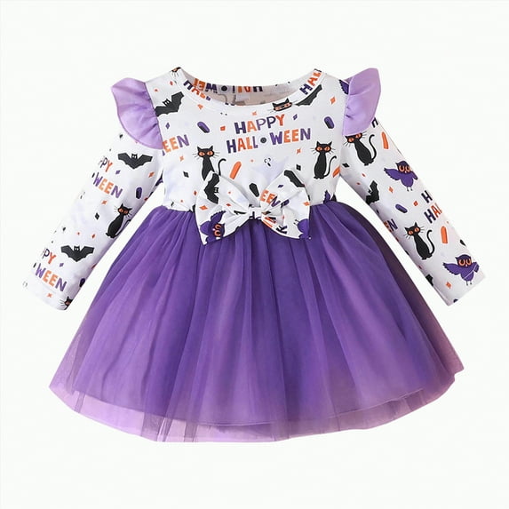 mgoYE Toddler Baby Girl Halloween Clothes 3 Months Long Sleeve Pumpkin Tulle Dress Fall Outfit(Purple,12-18 Months)