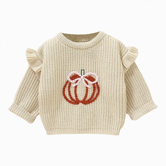 mgoYE Toddler Baby Girl Halloween Outfit Pumpkin Sweater Embroidery Knit Pullover Sweatshirt Fall Winter Clothes Size 2-3 Years