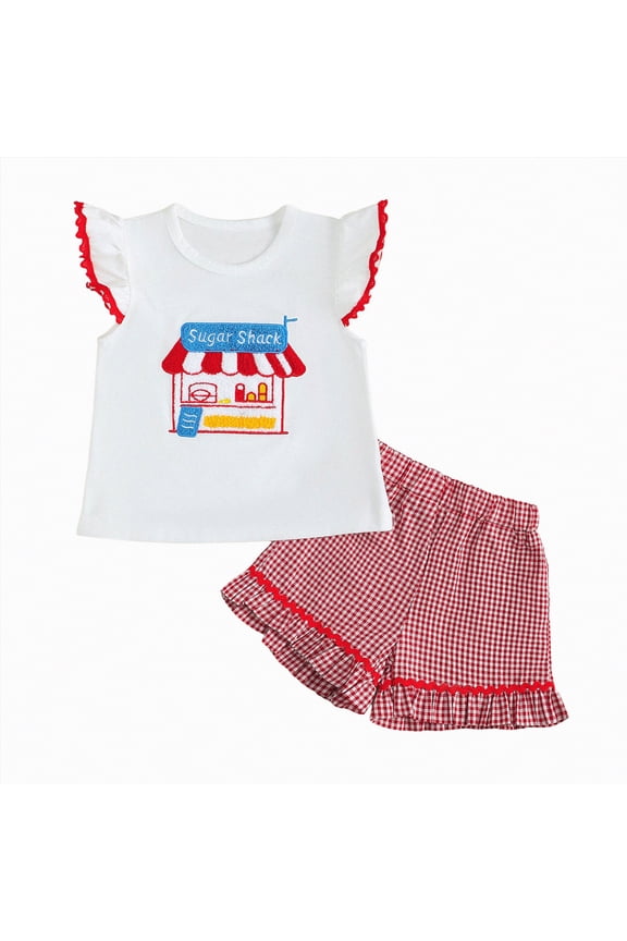 Toddler Baby Girl Outfit Embroidery Smocked Flutter Sleeve T Shirt Plaid Ruffle Shorts Set(Blue,18-24 Months)