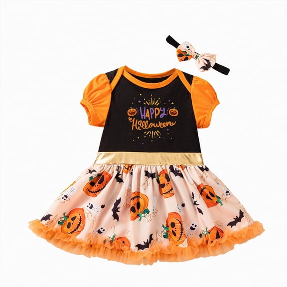 mgoYE Toddler Baby Girl Pumpkin Printed Tutu Dress Long Sleeve Skirt Outfits Clothes with Headband|Yellow 9-12 Months