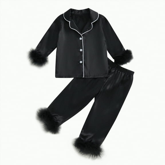 mgoYE Toddler Baby Girl Satin Pajamas Set Feather Trim Long Sleeve Button Tops Long Pants 2Pcs Pjs Sleepwear Outfits|Black 3-4 Years