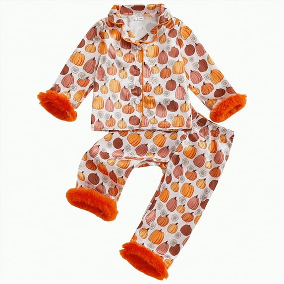 mgoYE Toddler Baby Girl Satin Pajamas Set Silk Halloween Pjs Button Top Long Pants Sleepwear Fall Clothes|Orange 6-12 Months