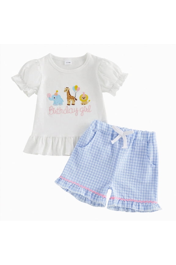 Toddler Baby Girl Summer Clothes 1st 2nd 3rd 4th 5th Birthday Outfit Ruffle Short Sleeve Shirt Gingham Shorts Set(White,3-4 Years)