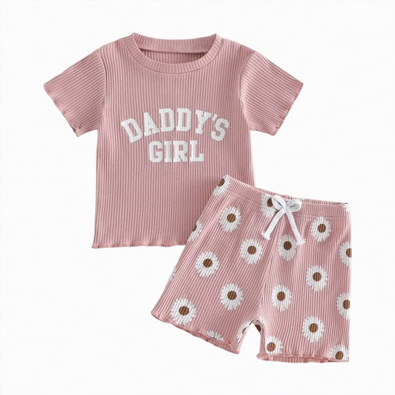 mgoYE Toddler Baby Girl Summer Clothes DaddysGirl Short Sleeve T-Shirts Tops Daisy Shorts Set 6 12 18 24 Month 2T 3T(Red,2-3 Years)
