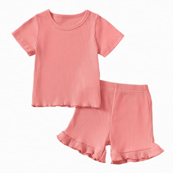 mgoYE Toddler Baby Girl Summer Clothes Ribbed Knit Cotton Cute Summer Outfits Short Sleeves 2 Pieces Shorts Set 12M - 5T(Red,18-24 Months)