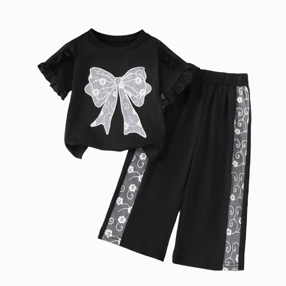 mgoYE Toddler Baby Girls Clothes 2 Piece Outfit 9 12 18 24 Month Short Sleeve Top + Bow Pants Girls Spring and Fall Outfits(Black,2-3 Years)