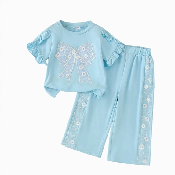 mgoYE Toddler Baby Girls Clothes 2 Piece Outfit 9 12 18 24 Month Short Sleeve Top + Bow Pants Girls Spring and Fall Outfits(Blue,9-12 Months)