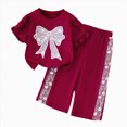 thumbnail image 1 of mgoYE Toddler Baby Girls Clothes Short Sleeve Bow Top + Straight Pants Girls Spring and Fall 2 Pcs Outfits 12-18 Months, 1 of 9