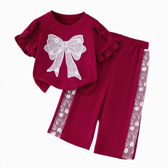 mgoYE Toddler Baby Girls Clothes Short Sleeve Bow Top + Straight Pants Girls Spring and Fall 2 Pcs Outfits 12-18 Months