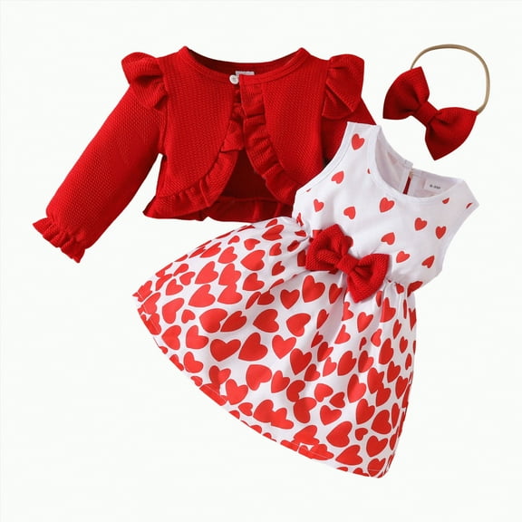 mgoYE Toddler Baby Girls Dress and Cotton Cardigan Set for 6M-3T Spring Summer Fall Outfits with Hat|Red 18-24 Months