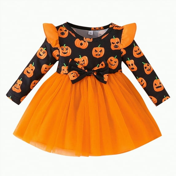 mgoYE Toddler Baby Girls Halloween Tulle Dress Long Sleeve Pumpkin Princess Tutu Dresses Fall Clothes(Orange,3-4 Years)