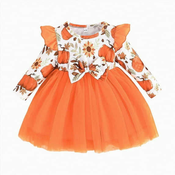 mgoYE Toddler Baby Girls Halloween Tulle Dress Long Sleeve Pumpkin Princess Tutu Dresses Fall Clothes(White,3-4 Years)