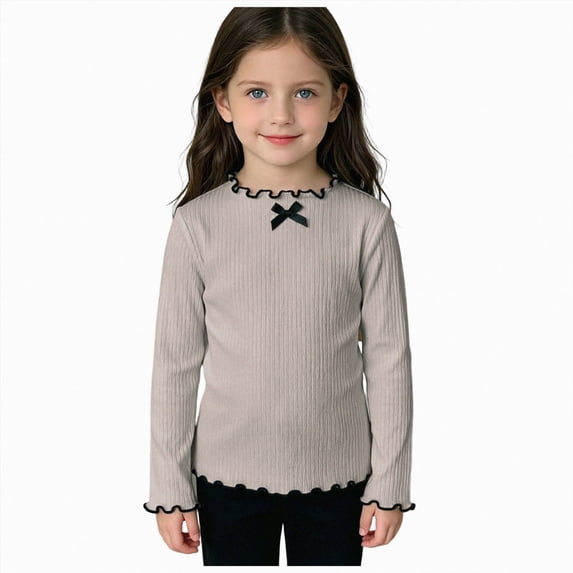 mgoYE Toddler Baby Girls Lettuce Trim Long Sleeve Shirts Mock Neck Cotton Ribbed Knit Tops Tee Base Layer(Light Gray,4-5 Years)