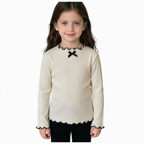 mgoYE Toddler Baby Girls Lettuce Trim Long Sleeve Shirts Mock Neck Cotton Ribbed Knit Tops Tee Base Layer(White,4-5 Years)