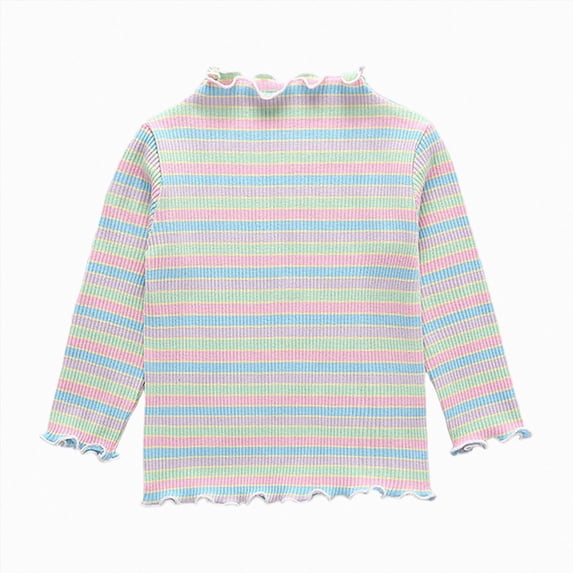 mgoYE Toddler Baby Girls Long Sleeve Striped T Shirt Casual Lettuce Trim Ribbed Knit Pullover Blouse Top(Green,5-6 Years)