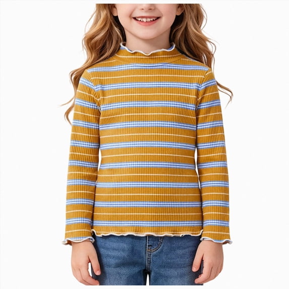mgoYE Toddler Baby Girls Long Sleeve Striped T Shirt Casual Lettuce Trim Ribbed Knit Pullover Blouse Top(Orange,1-2 Years)
