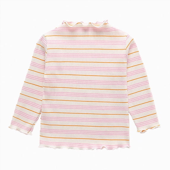 mgoYE Toddler Baby Girls Long Sleeve Striped T Shirt Casual Lettuce Trim Ribbed Knit Pullover Blouse Top(Pink,1-2 Years)