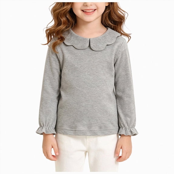 mgoYE Toddler Baby Girls Peter Pan Collar Blouse Kids Girl Solid Color Puff Sleeve T-Shirts Casual Tee Tops(Grey,7-8 Years)