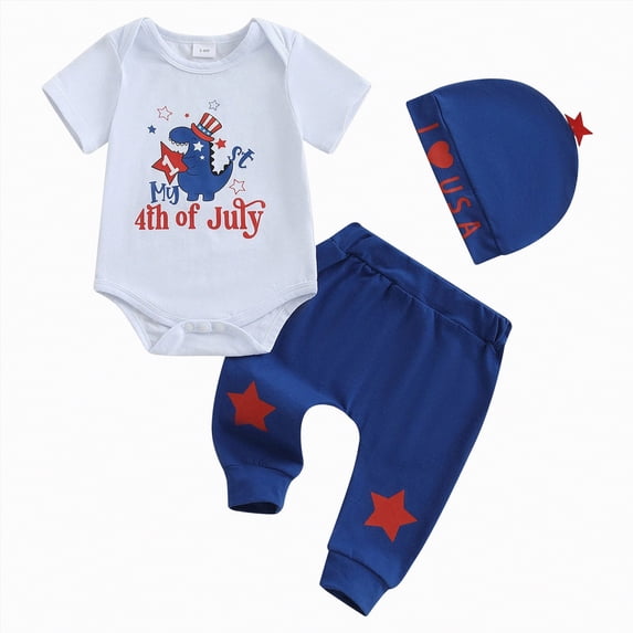 mgoYE Toddler Boy Clothes 18-24 Months Baby Boy 4th of July Outfit Striped Star Romper Pants Hat Set American Independence Day Infant Summer Clothes|White 12-18 Months