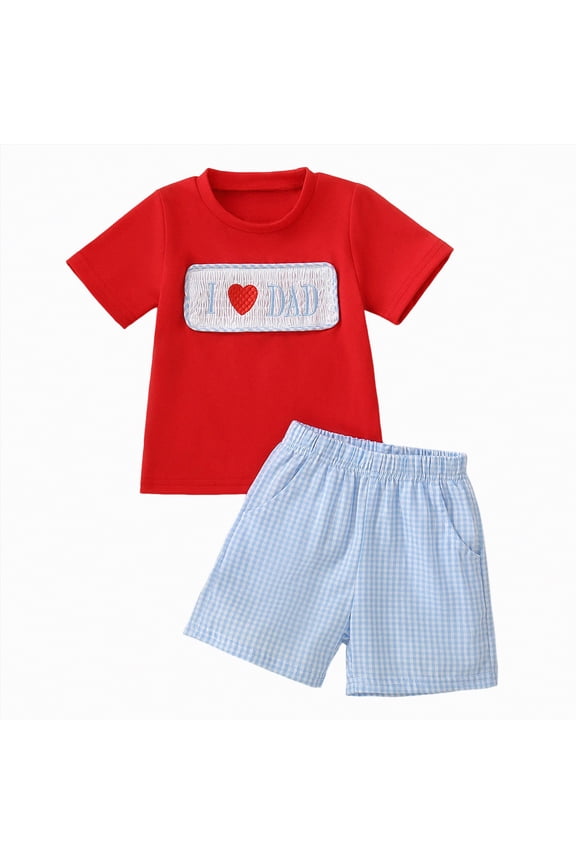 Toddler Boy Clothes 18-24 Months Toddler Baby Boy Fathers Day Outfit I Love Dad Embroidery Smocked Short Sleeve T-Shirt Top and Plaid Shorts Set(Red,2-3 Years)