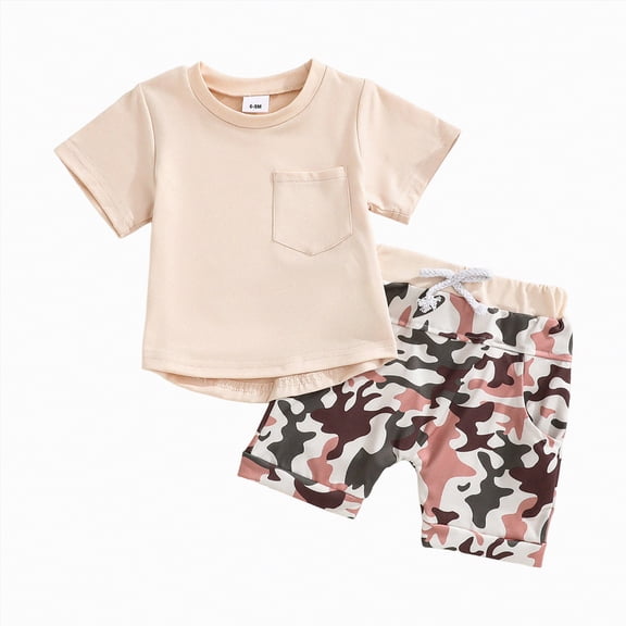 mgoYE Toddler Boy Clothes 18-24 Months Toddler Baby Boy Hunting Outfits Duck Camo-Short Sleeve T Shirt Shorts Set Casual Summer Clothes 2Pcs(Beige,12-18 Months)