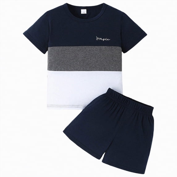 mgoYE Toddler Boy Clothes 18-24 Months Toddler Kid Boy Clothes Colorblock Letter Graphic Tee Shorts 2PC Summer Outfit Set(Blue,18-24 Months)
