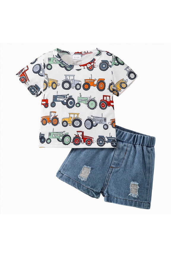 Toddler Boy Clothes 3t Infant Baby Boy Farm Clothes Car/Animals Farm Themed Shirt Top Jean Shorts 2Pcs Summer Short Outfits(Orange,18-24 Months)