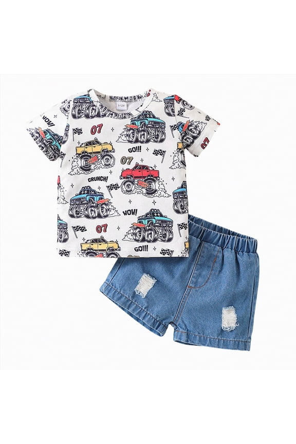 Toddler Boy Clothes 3t Infant Baby Boy Farm Clothes Car/Animals Farm Themed Shirt Top Jean Shorts 2Pcs Summer Short Outfits(Red,2-3 Years)