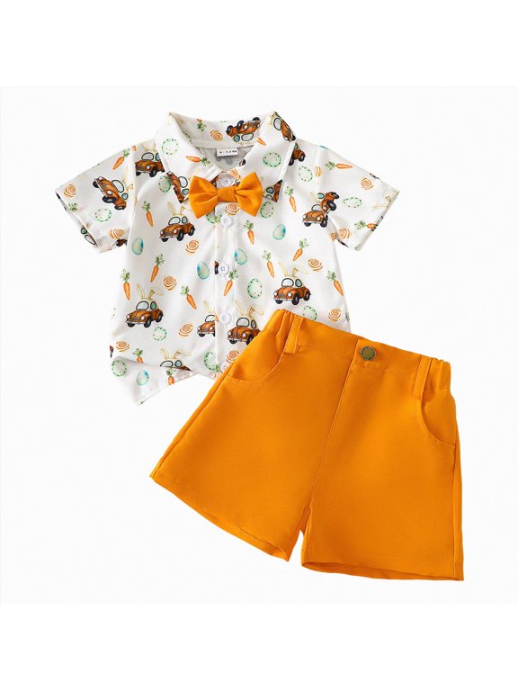 Toddler Boy Easter Outfit Bow Tie Button Up Short Sleeve Shirt Bunny Clothes Casual Shorts Baby Summer Clothes Cute Outfits(Orange,12-18 Months)