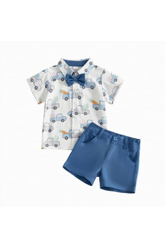 Toddler Boy Easter Outfit Bow Tie Short Sleeve Shirt Baby Shorts Gentleman Suit Easter Clothes(Blue,18-24 Months)