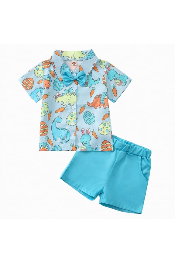 Toddler Boy Easter Outfit Bow Tie Short Sleeve Shirt Baby Shorts Gentleman Suit Easter Clothes(Sky Blue,2-3 Years)
