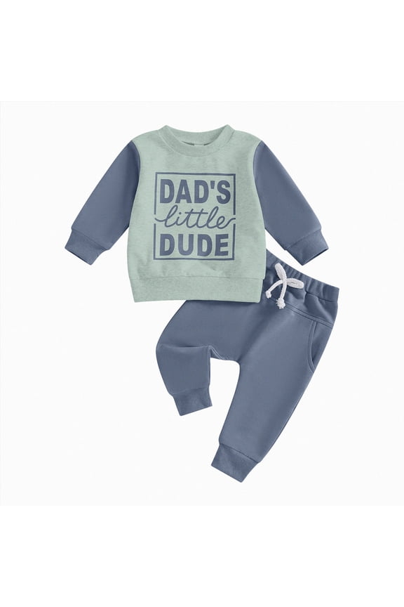 Toddler Boy Outfit 6-12 Months Dad's Little Dude Long Sleeve Sweatshirt and Pants Set Infant Baby Boy Fall Winter Clothes Blue