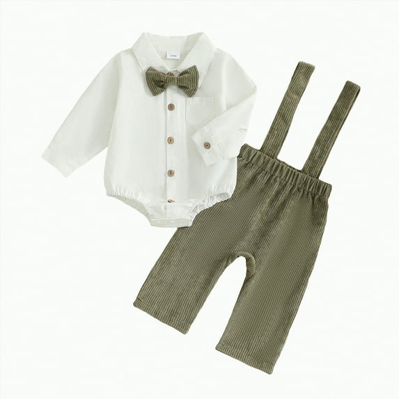 mgoYE Toddler Boy Suit Baby Boy Formal Long Set Toddler Fall Gentleman Outfit Kid Long Sleeve Bowtie Shirt Suspender Longs Suit(Green,12-18 Months)