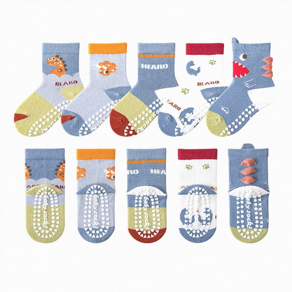 mgoYE Toddler Crew Socks Non Slip Kids Toddler Socks with Grippers Baby 5 Pairs Anti Skid Socks for Boys Girls 0-7 Year Children(D,3-5 Years)