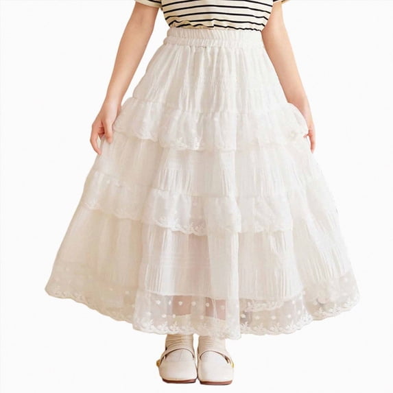 mgoYE Toddler Girl Boho Lace Maxi Skirt, Flowy Floral Embroidery Mesh Long Skirt, Elastic High Waist A-Line(White,5-6 Years)