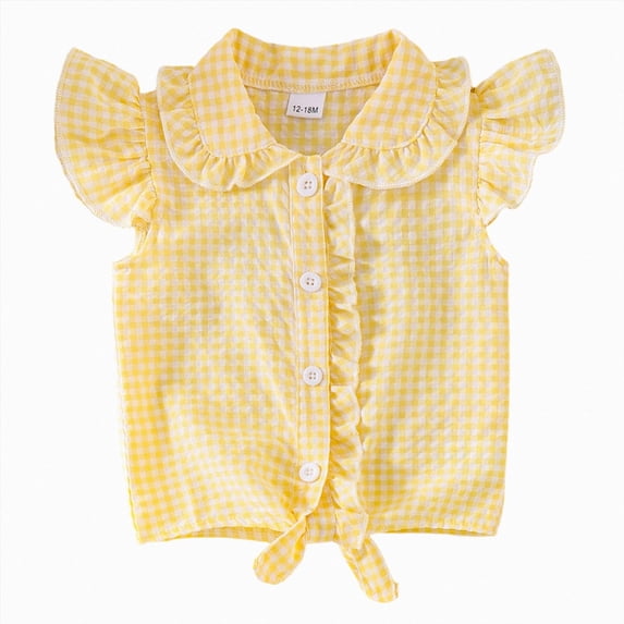 mgoYE Toddler Girl Button Shirt Tie Knot Shirt Plaid Blouse Sleeveless Ruffled Tops Kids Baby Summer Clothes Size 12-18 Months Yellow