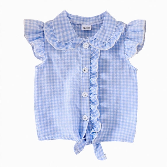 mgoYE Toddler Girl Button Shirt Tie Knot Shirt Plaid Blouse Sleeveless Ruffled Tops Kids Baby Summer Clothes Size 3-4 Years Blue
