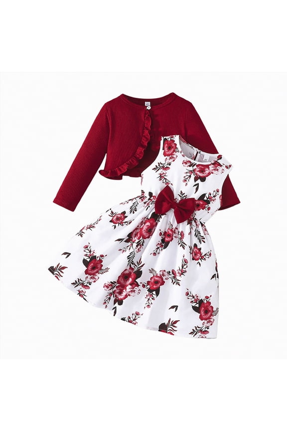 Toddler Girl Clothes 2T 2PCS Little Toddler Girls Dress with Cardigan Floral Dresses Ruffle Shrug Sweaters Spring Full Clothes for 2-8T(Red,7-8 Years)
