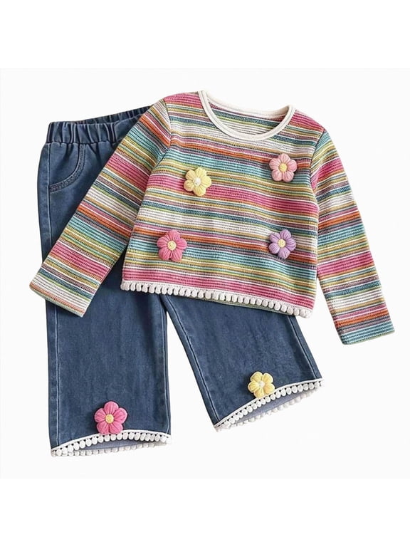 Toddler Girl Clothes Fall Winter Outfits 6 9 12 18 Months 2T 3T Floral Sweatshirt and Jean Pants Set 2 Piece