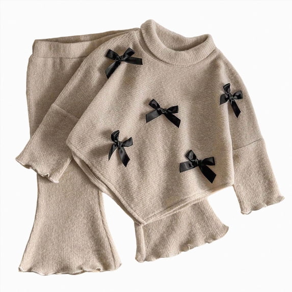 mgoYE Toddler Girl Clothes Fall Winter Outfits 6 9 12 18 Months 2T 3T Turtleneck Sweater with Black Bows and Flare Pants Set 2 Piece