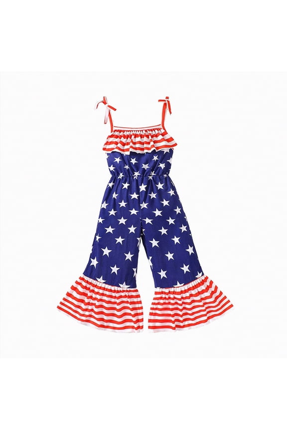 Toddler Girl Clothes Sets 4th Fourth Of July Toddler Girl Outfit USA Romper Spaghetti Strap Bell Bottoms Jumpsuit Red White and Blue Outfits|Red 5-6 Years